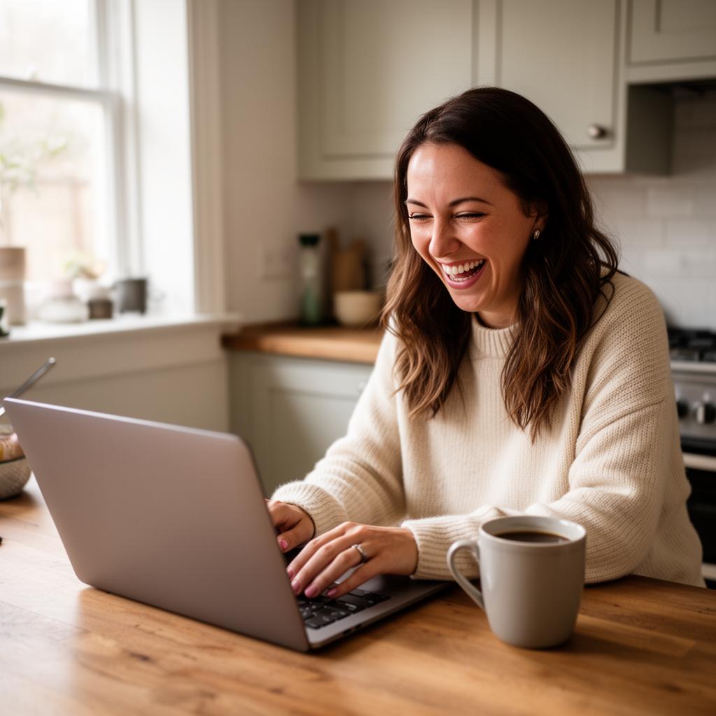 Abbey Strodtbeck laughing at her laptop while running Meta ads in sweatpants